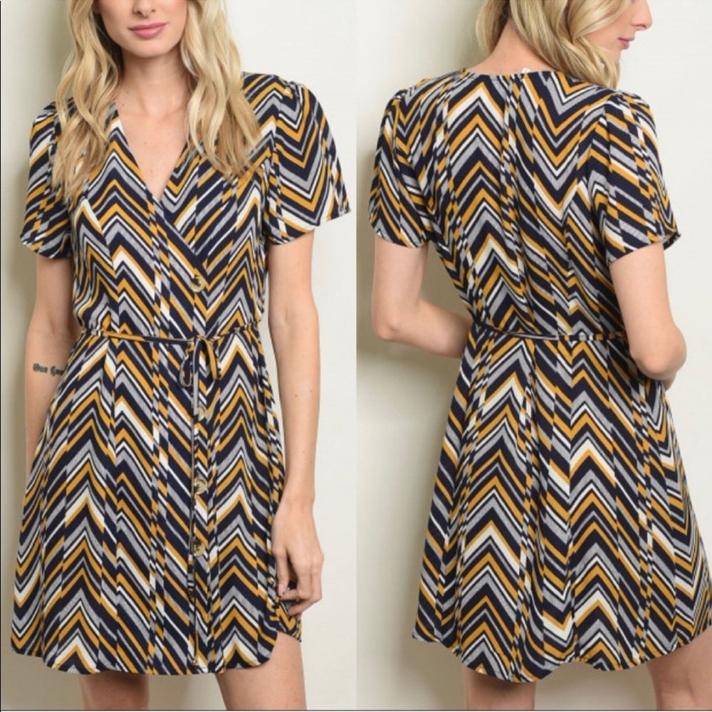 New! Navy Mustard Retro Vintage Chevron Wrap Dress